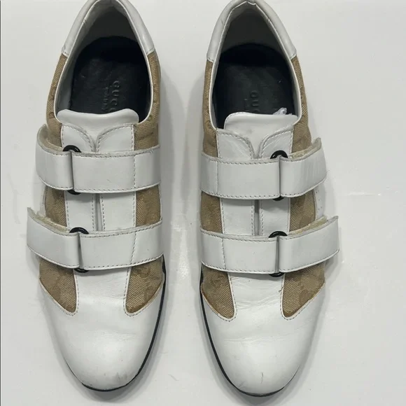 Gucci White/Beige GG Canvas and Leather Velcro Sneakers Size 38 - Picture 3 of 11